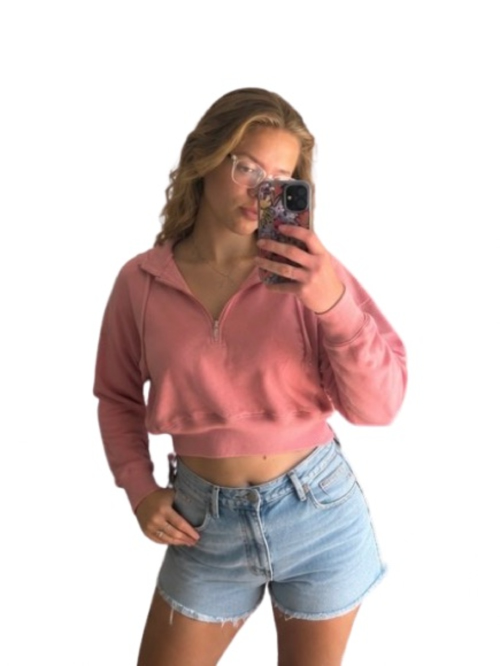 Women's Cropped Half-Zip Hoodie in Dusty Pink